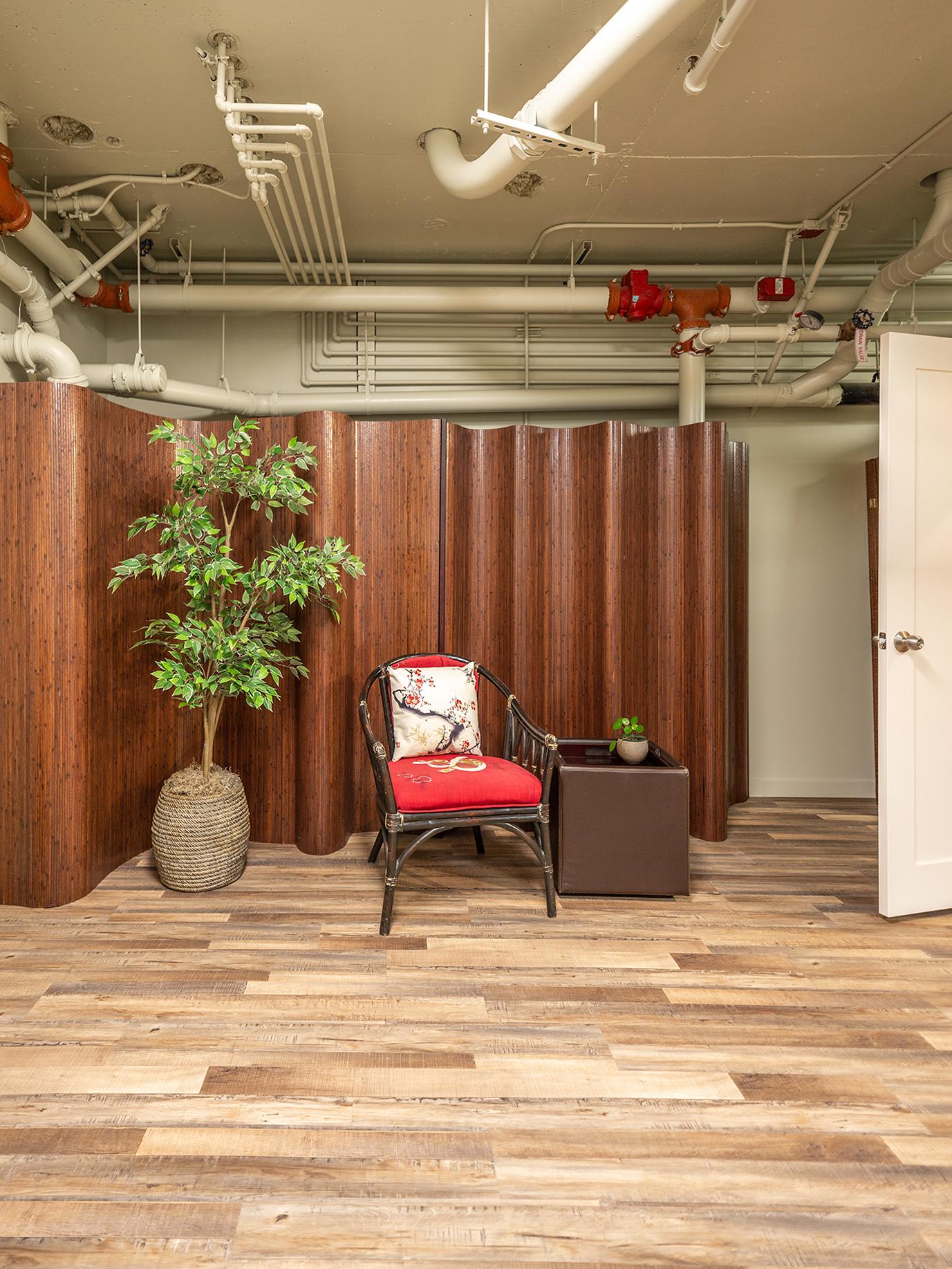 This wall has many pipes, a lot of which couldn't be painted. A wooden screen hides most of them and a faux tree adds a touch of nature.